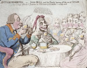 Anti-Saccharites, or John Bull and his Family leaving off the use of Sugar, julkaissut Hannah Humphrey vuonna 1792 (käsin väritetty etsaus).